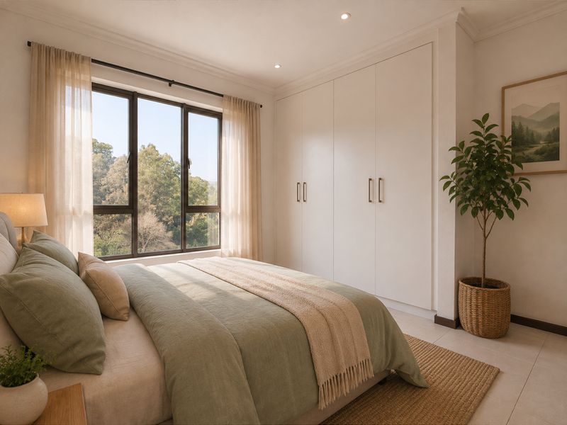 A well-lit bedroom featuring built-in cupboards, tiled flooring, and large windows with views of the surrounding greenery.