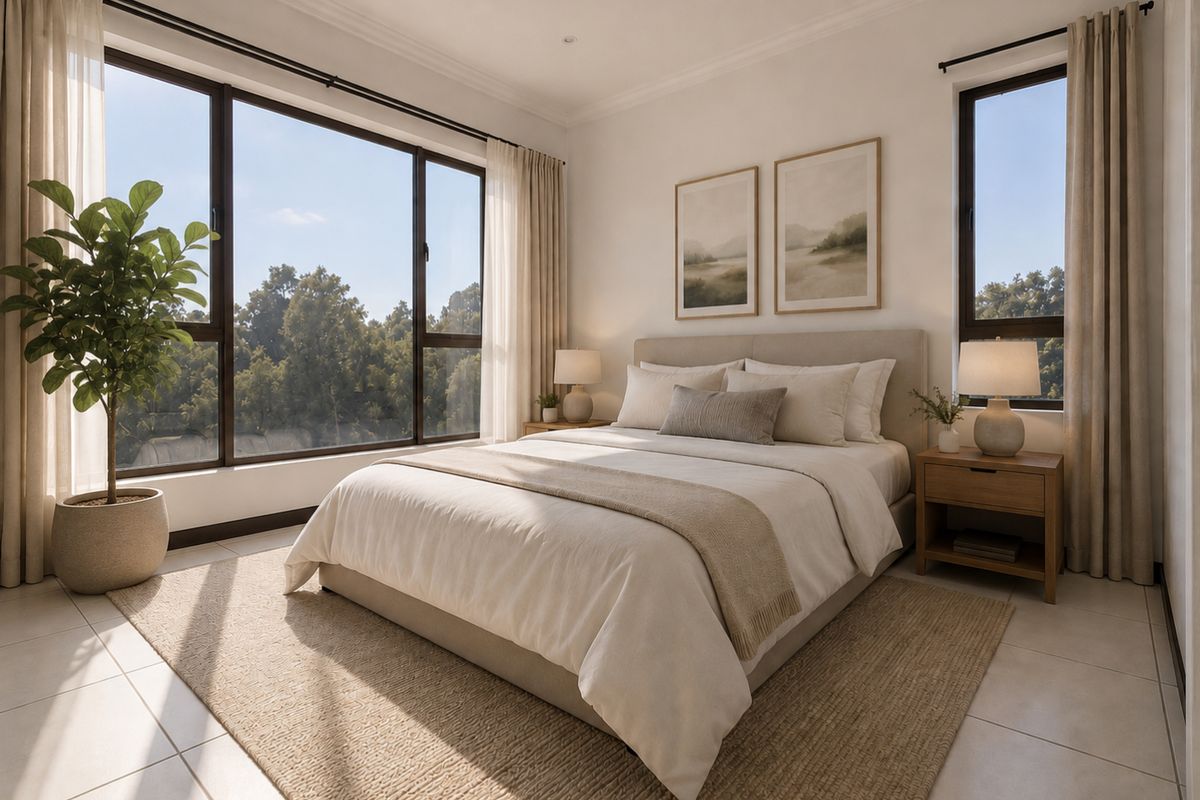 A bright and airy bedroom featuring large windows that provide ample natural light and views of the surrounding greenery.