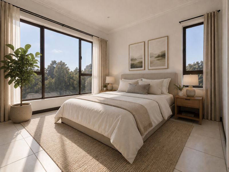 A bright and airy bedroom featuring large windows that provide ample natural light and views of the surrounding greenery.