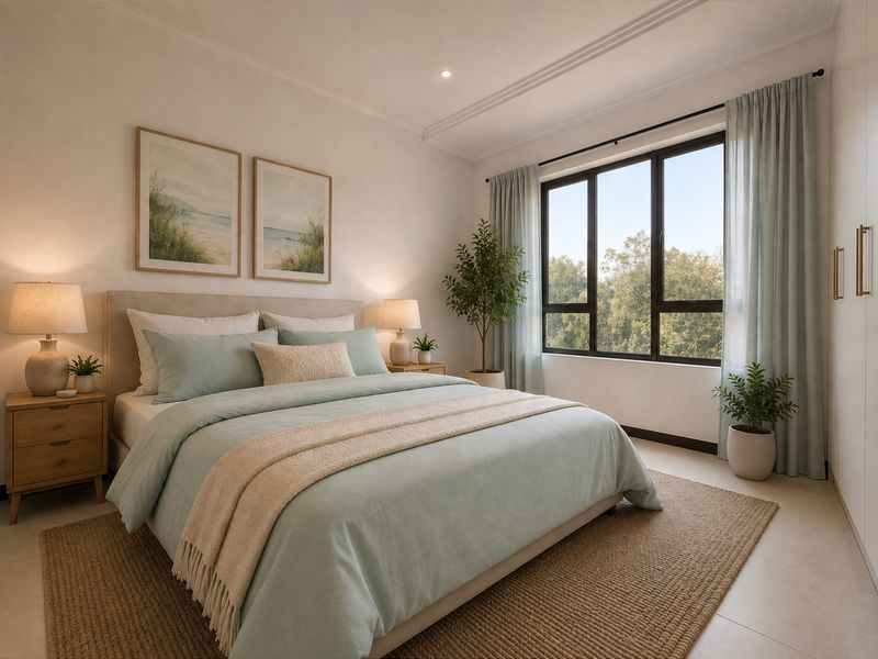 A well-maintained bedroom featuring built-in cupboards, recessed downlighting, and large windows with views of surrounding greenery.