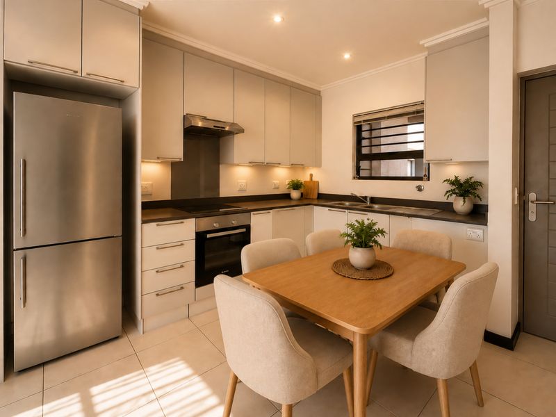 Modern open-plan kitchen featuring sleek cabinetry, integrated appliances, and tiled flooring, seamlessly flowing into a dining area with recessed lighting.