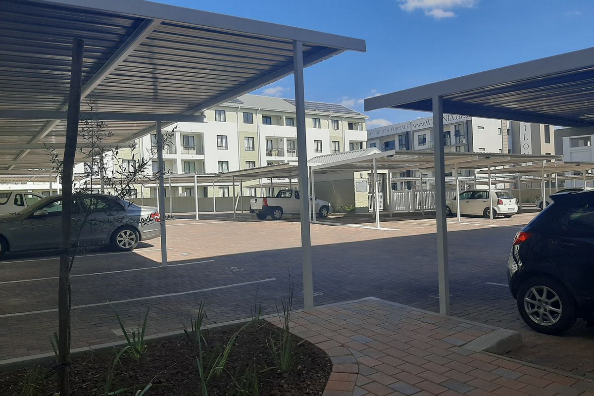 A view of the apartment complex parking area featuring covered carports and paved driveway surfaces.