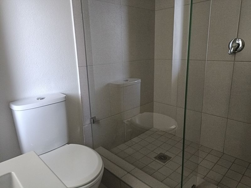 A clean, modern bathroom featuring a glass-enclosed shower with tiled flooring and a standard white toilet.
