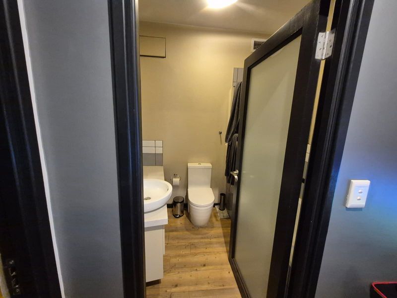 A compact bathroom featuring a modern vanity basin, toilet, and frosted glass door entry with wood-look laminate flooring.