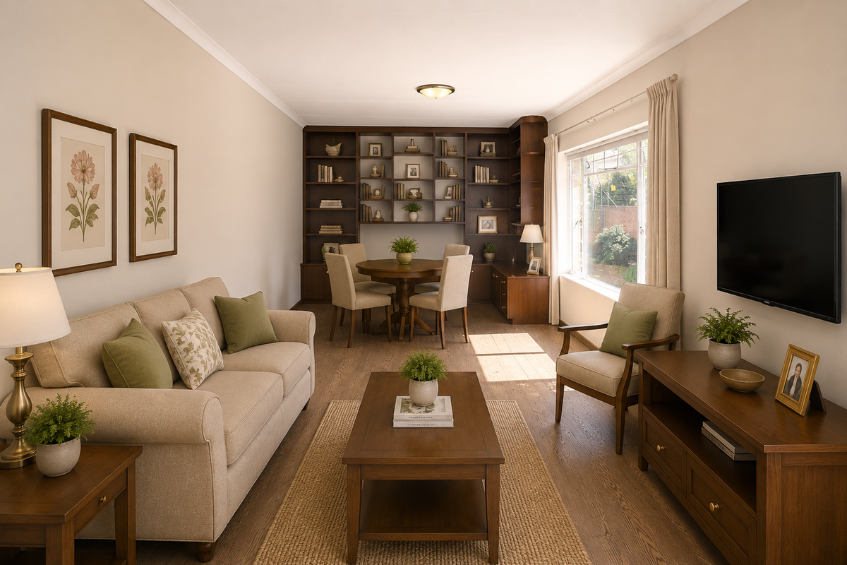 A well-maintained living room featuring warm hardwood flooring, a large built-in wooden shelving unit, and natural light from a side window.