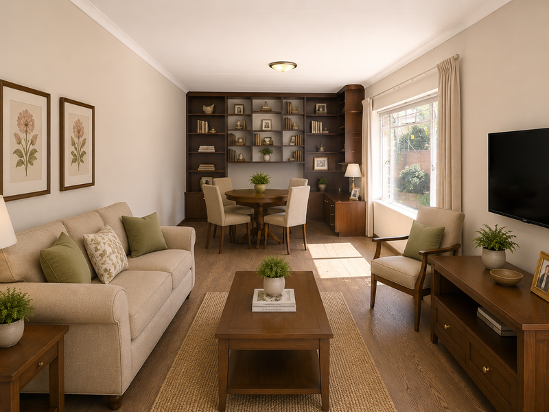 A well-maintained living room featuring warm hardwood flooring, a large built-in wooden shelving unit, and natural light from a side window.