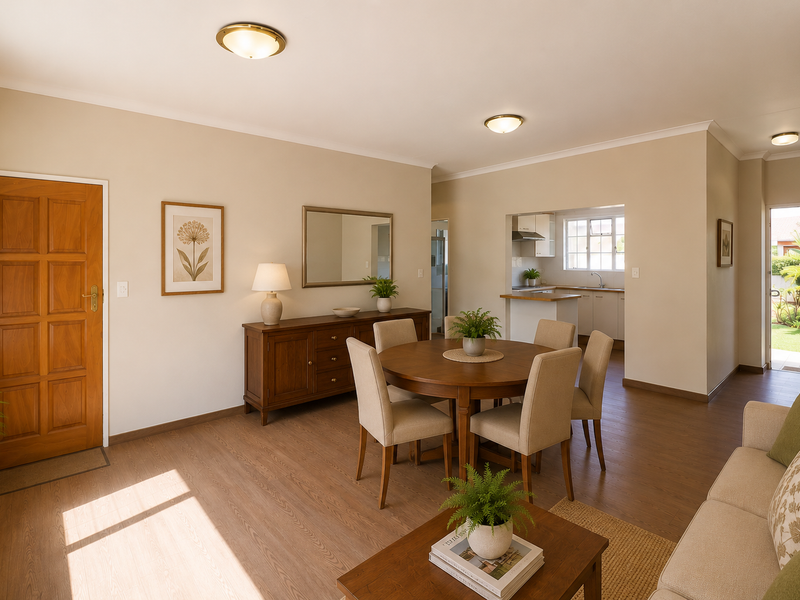 Open plan living and dining area featuring laminate flooring, neutral walls, and a seamless transition to the adjacent kitchen space.