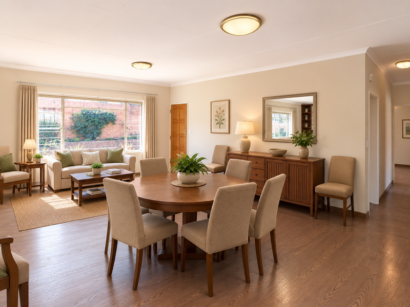 Spacious open-plan living and dining area featuring warm laminate flooring, neutral walls, and abundant natural light from a large window.