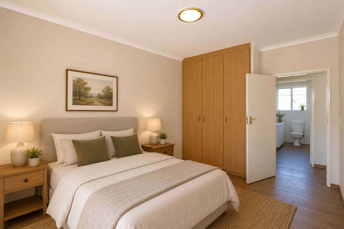 A well-maintained bedroom featuring built-in wooden wardrobes, laminate flooring, and an en-suite bathroom access.
