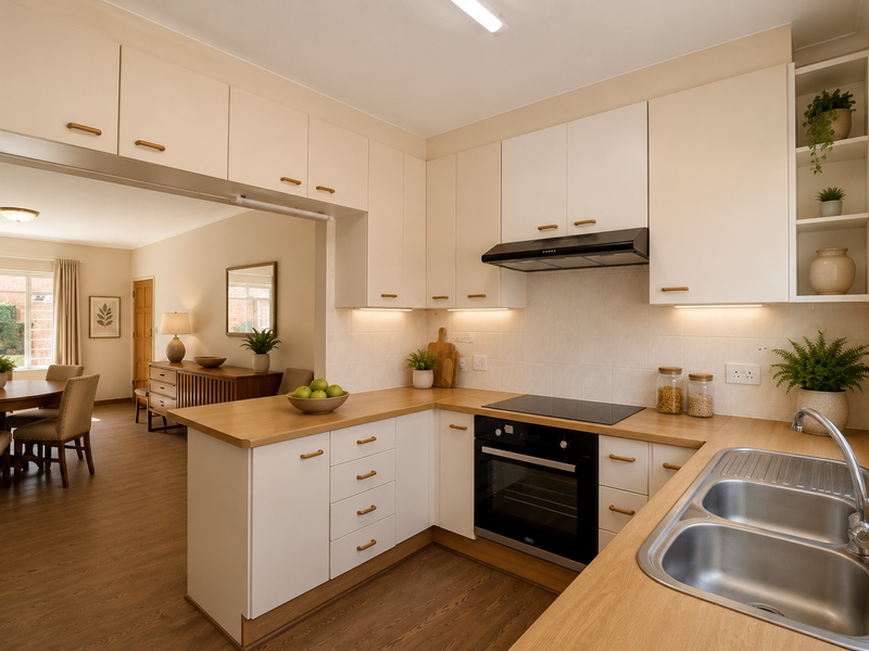 Open-plan kitchen featuring light-toned cabinetry, wood-look countertops, integrated appliances, and a double sink, flowing seamlessly into the adjacent dining area.
