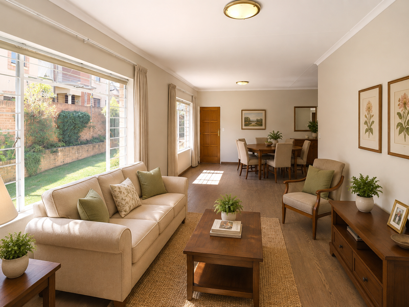 Bright and spacious open-plan living and dining area featuring timber flooring, large windows with security bars, and neutral wall finishes.
