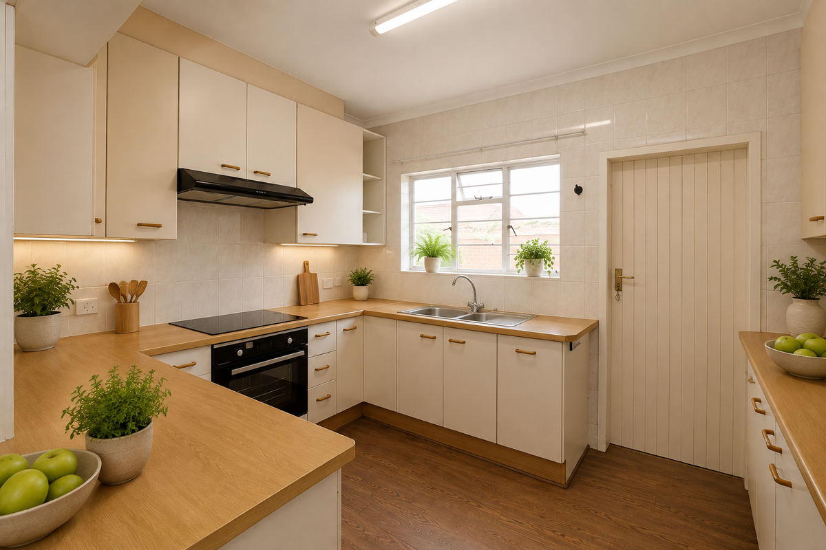 A well-maintained kitchen featuring light-toned cabinetry, wood-look countertops, integrated appliances, and a tiled backsplash, offering a clean and functional workspace.