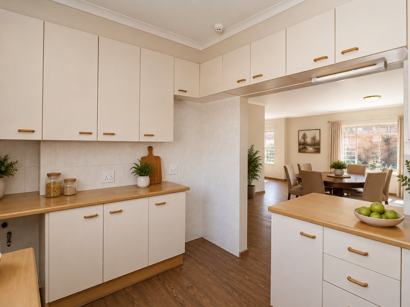 Open-plan kitchen featuring light-toned cabinetry, wood-look laminate countertops, and tiled backsplash, seamlessly flowing into the adjacent dining area.