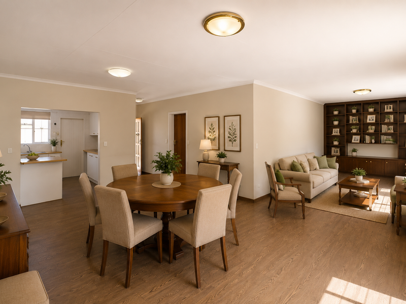 Spacious open-plan living and dining area featuring laminate flooring, a large built-in wooden shelving unit, and a convenient pass-through to the kitchen.