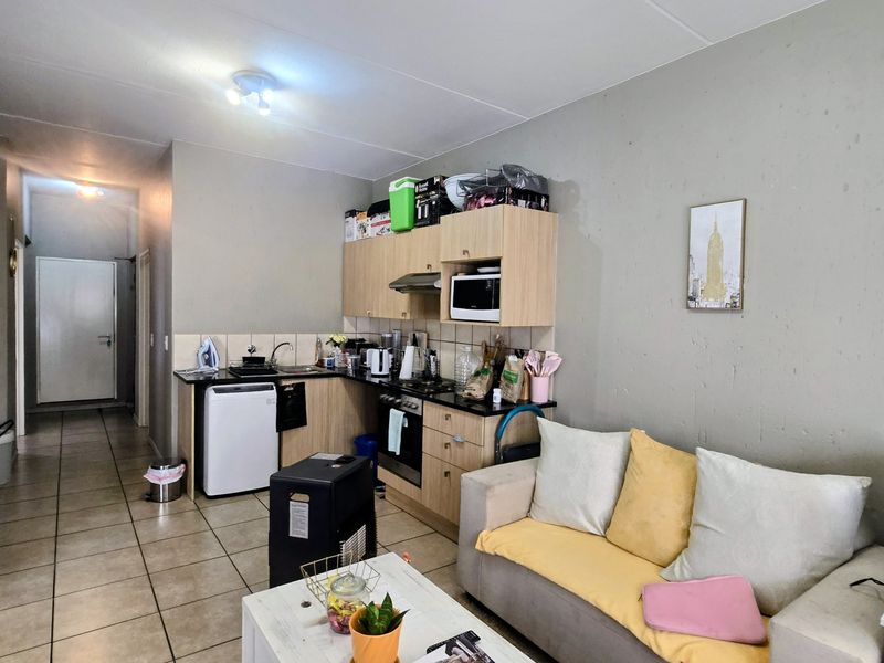 Open-plan living area featuring a compact kitchen with built-in cabinetry, oven, hob, and extractor fan, seamlessly flowing into the lounge space.