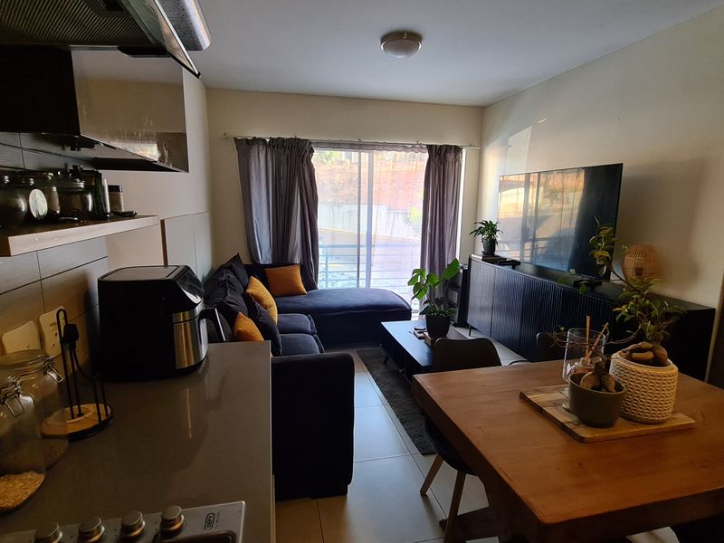 Open-plan living area featuring a compact kitchen with gas hob and extractor, flowing into a lounge space with access to a balcony.