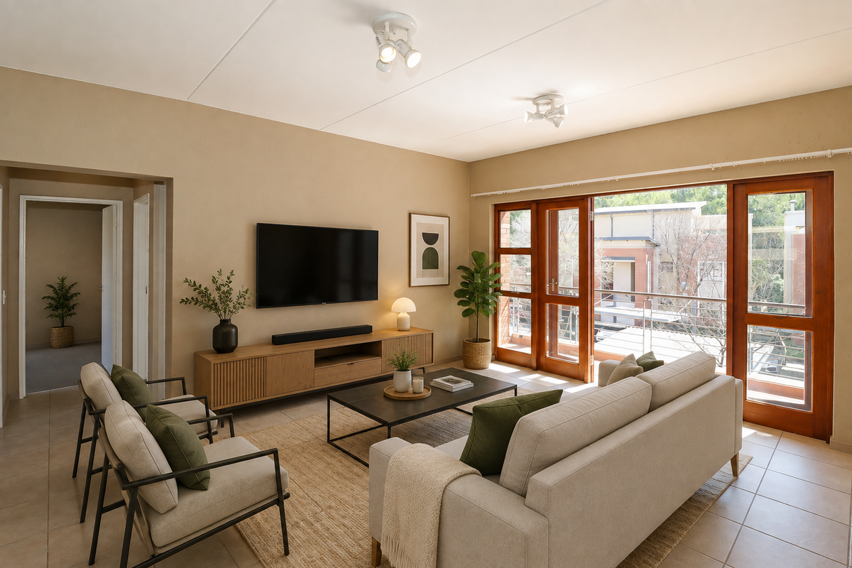 A bright and inviting living room featuring tiled floors, modern ceiling spotlights, and large wooden-framed glass doors that open onto a balcony.