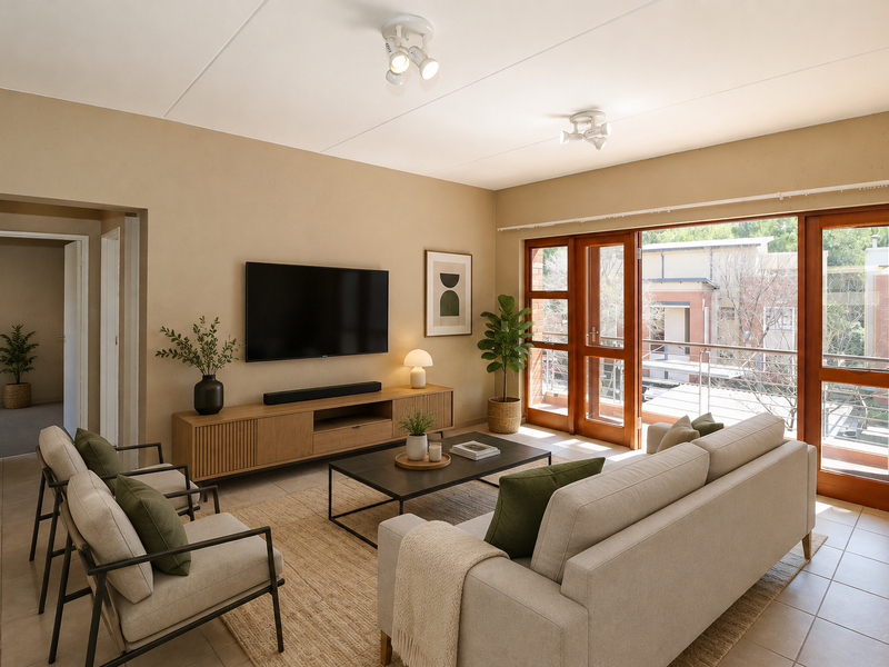 A bright and inviting living room featuring tiled floors, modern ceiling spotlights, and large wooden-framed glass doors that open onto a balcony.
