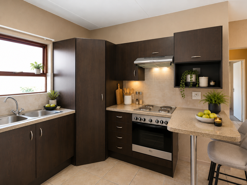 A well-maintained kitchen featuring dark wood cabinetry, stone-look countertops, a built-in oven with hob, and a convenient breakfast bar area.