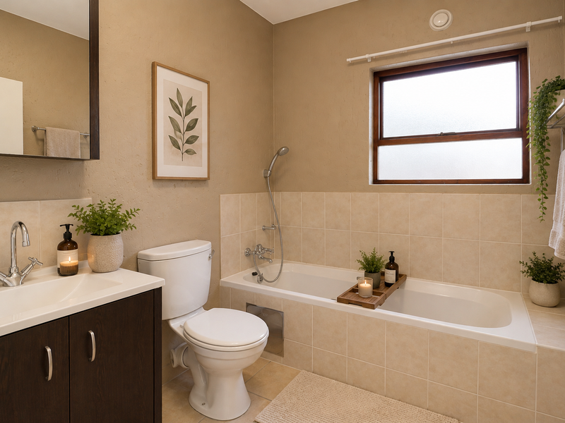 A well-maintained bathroom featuring a vanity cabinet, built-in bathtub with shower handset, and neutral tiled finishes, offering a clean and functional space.