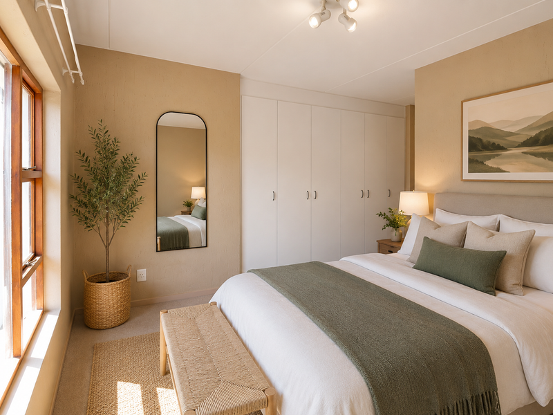 A well-maintained bedroom featuring built-in cupboards, neutral wall finishes, and large timber-framed windows that provide ample natural light.