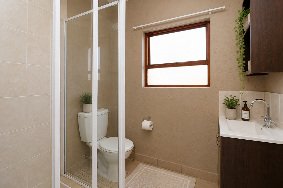 A functional bathroom featuring a shower enclosure, a vanity with a washbasin, and tiled finishes.
