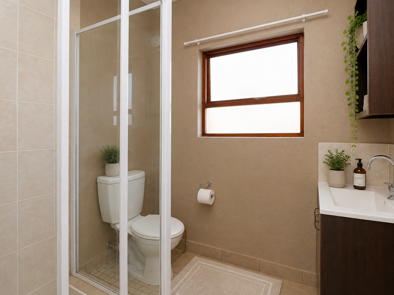 A functional bathroom featuring a shower enclosure, a vanity with a washbasin, and tiled finishes.