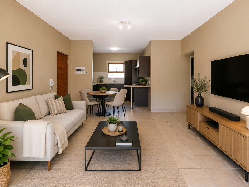 An open-plan living and dining area featuring neutral wall tones, tiled flooring, and a functional kitchen with built-in cabinetry and a sink.