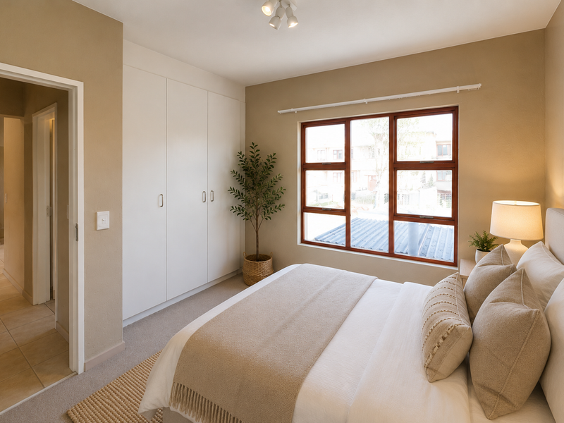 A well-maintained bedroom featuring neutral wall tones, built-in cupboards, carpeted flooring, and a window with a wooden frame providing natural light.