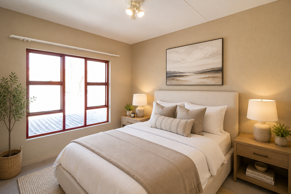 A well-maintained bedroom featuring neutral tones, a large window with a red frame, and a modern ceiling light fixture.