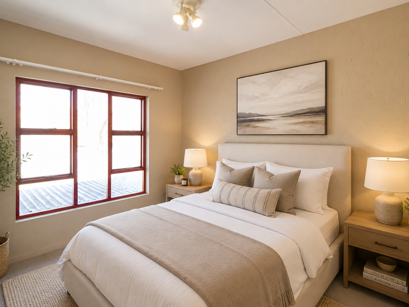 A well-maintained bedroom featuring neutral tones, a large window with a red frame, and a modern ceiling light fixture.