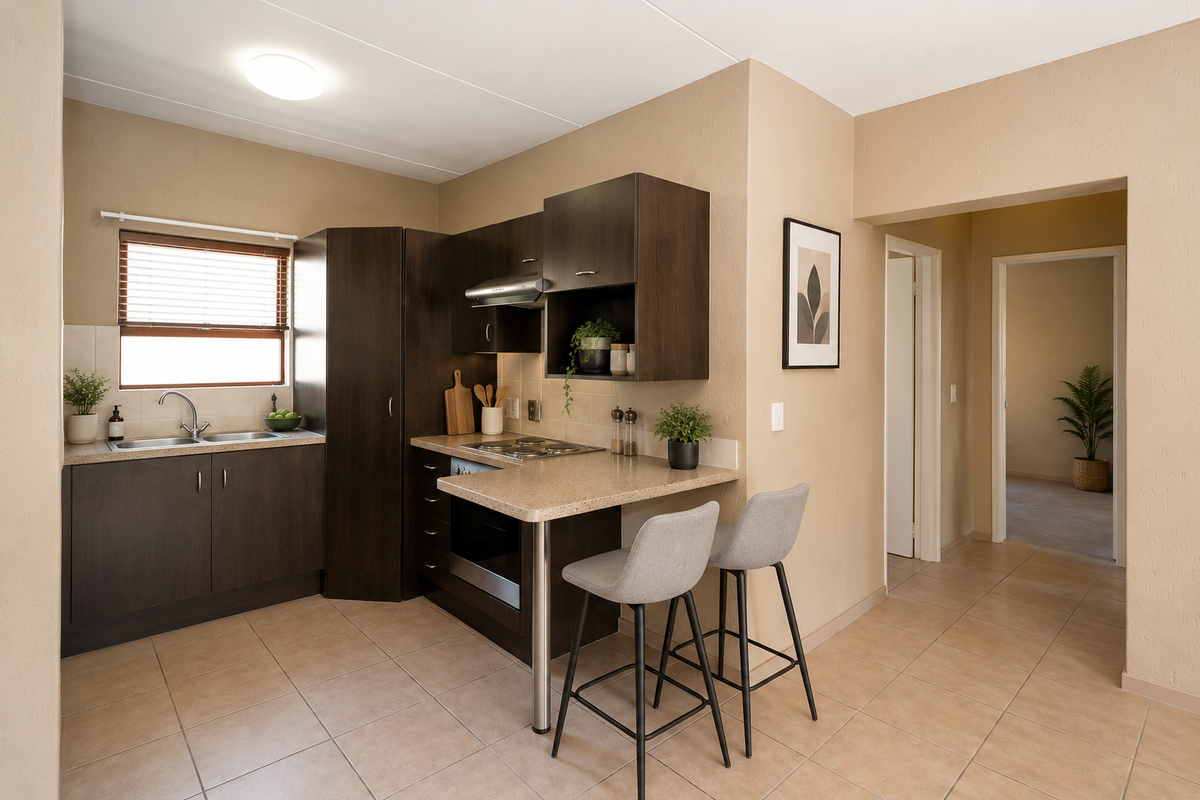 A functional kitchen featuring dark wood cabinetry, laminate countertops, built-in oven and hob, and tiled flooring, with an integrated breakfast bar area.