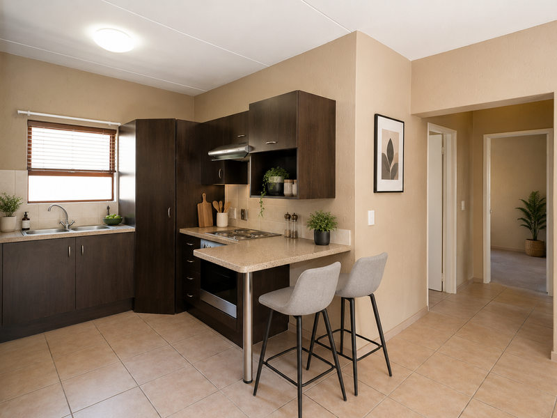 A functional kitchen featuring dark wood cabinetry, laminate countertops, built-in oven and hob, and tiled flooring, with an integrated breakfast bar area.