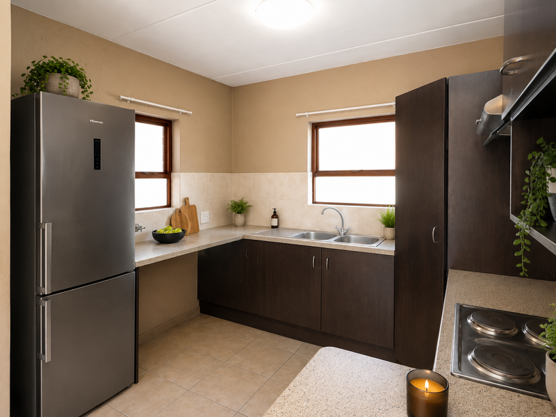 A functional kitchen featuring dark wood cabinetry, laminate countertops, a double bowl sink, and a built-in electric hob with tiled flooring.
