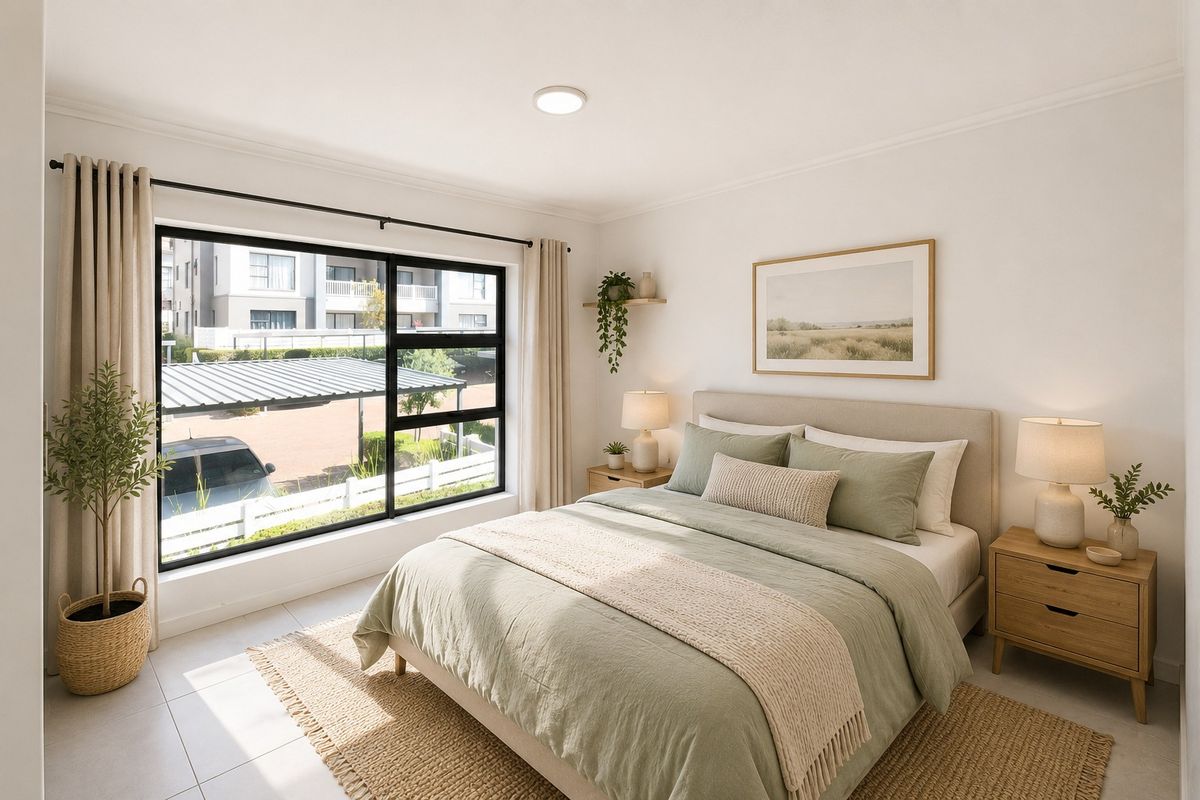 A bright and well-maintained bedroom featuring large windows, neutral tiled flooring, and a clean, modern aesthetic.