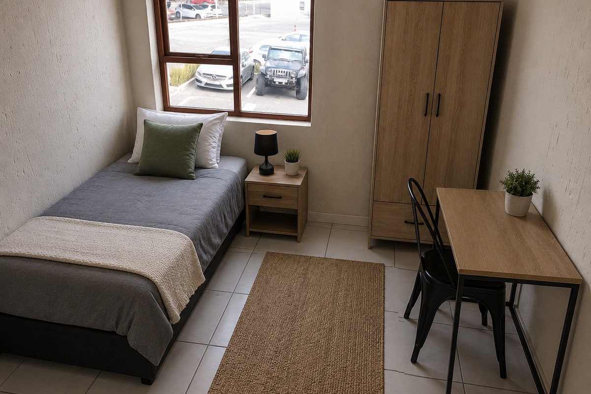 A compact bedroom featuring tiled flooring and a window with views of the parking area.