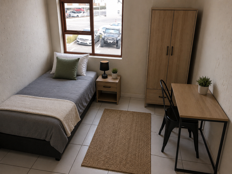 A compact bedroom featuring tiled flooring and a window with views of the parking area.