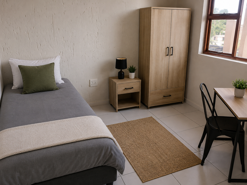 A well-maintained bedroom featuring tiled flooring, textured walls, and a window, providing a clean and functional living space.