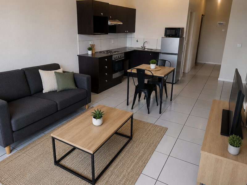 Open-plan living area featuring a compact kitchen with dark cabinetry, integrated appliances, and neutral tiled flooring throughout the space.
