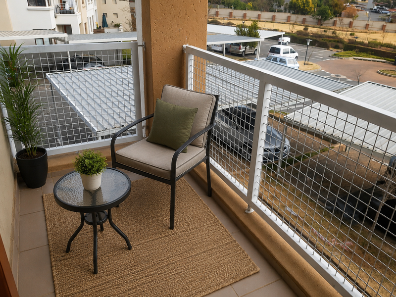 A private apartment balcony featuring tiled flooring and a secure metal mesh balustrade, overlooking the complex parking area.