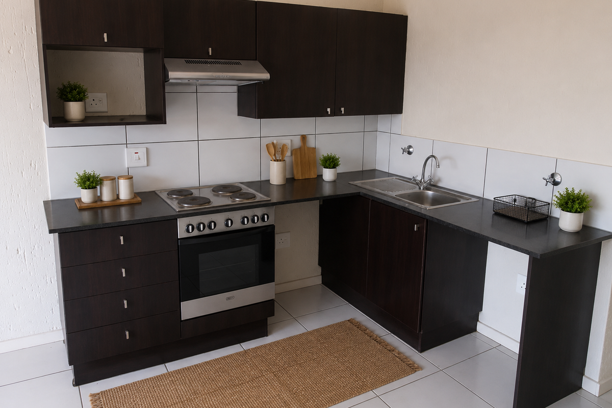 A functional kitchen featuring dark wood cabinetry, laminate countertops, a stainless steel sink, and a built-in electric stove with an extractor fan.