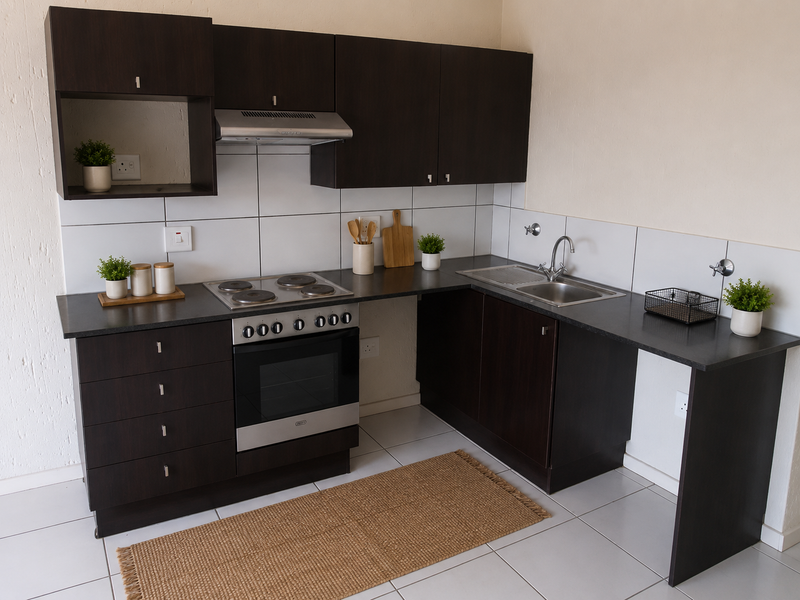 A functional kitchen featuring dark wood cabinetry, laminate countertops, a stainless steel sink, and a built-in electric stove with an extractor fan.