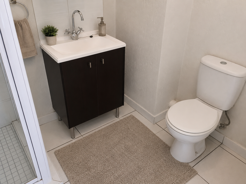 A compact bathroom featuring a modern vanity cabinet with a ceramic basin, a standard toilet, and a glass-enclosed shower with tiled flooring.