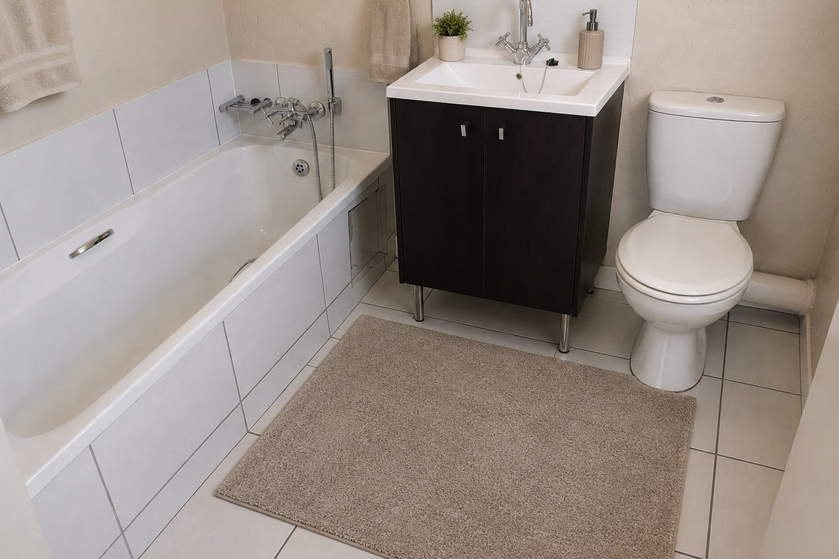 A clean, functional bathroom featuring a built-in bathtub with handheld shower, a modern vanity cabinet with basin, and a standard toilet.