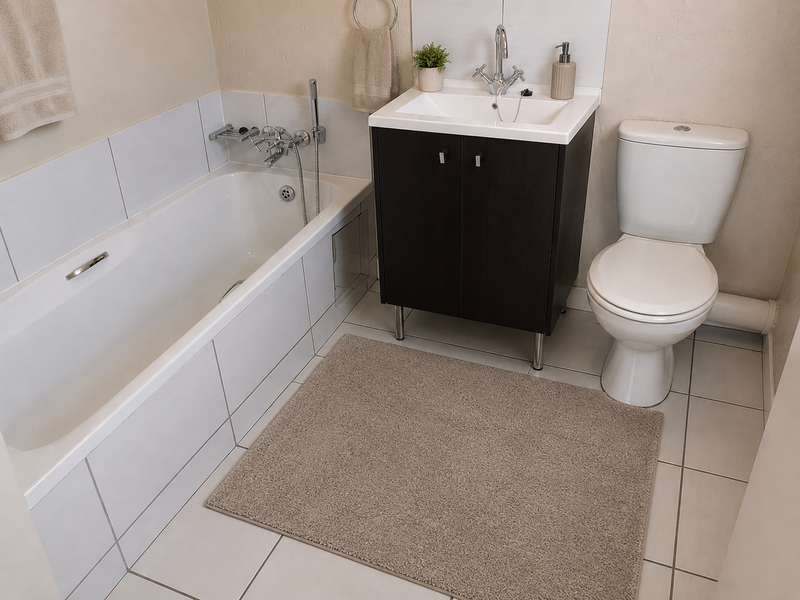 A clean, functional bathroom featuring a built-in bathtub with handheld shower, a modern vanity cabinet with basin, and a standard toilet.