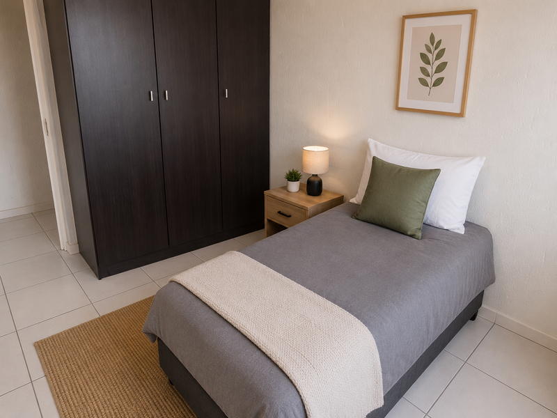 A well-maintained bedroom featuring neutral tiled flooring and a dark wood built-in wardrobe, offering a clean and functional living space.