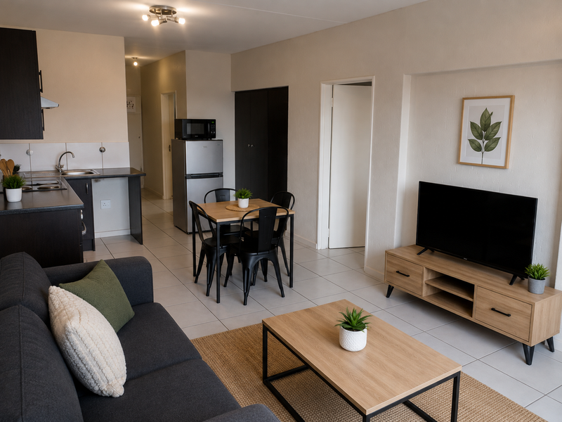 A well-maintained open-plan living and kitchen area featuring tiled flooring, modern cabinetry, and a functional layout suitable for comfortable apartment living.