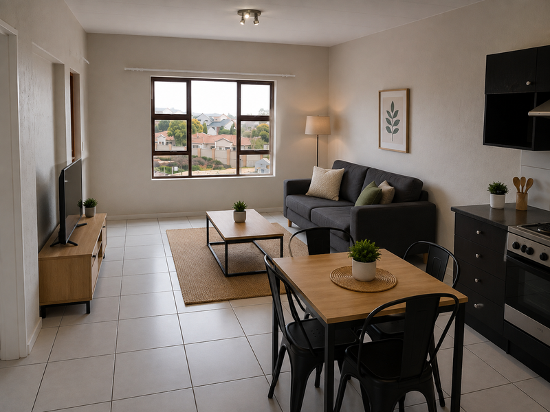 A bright open-plan living and dining area featuring tiled floors, a modern kitchen with built-in appliances, and large windows with neighborhood views.
