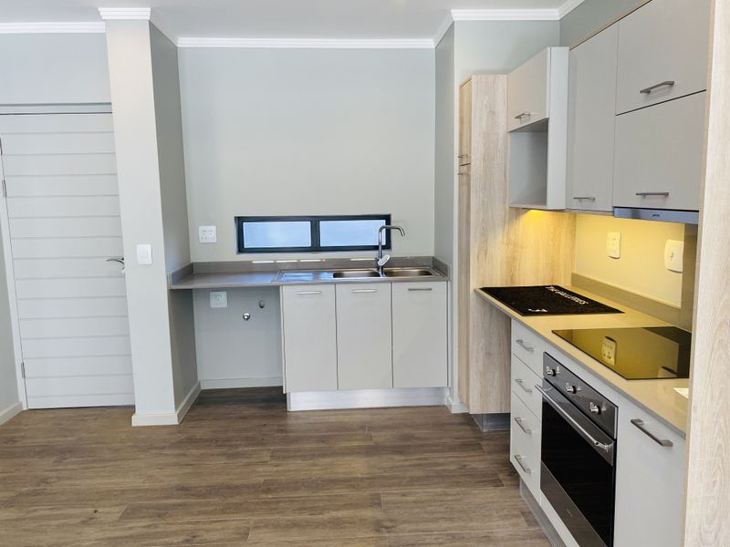Modern kitchen featuring sleek cabinetry, stone countertops, integrated electric hob and oven, and high-quality laminate flooring in a clean, contemporary layout.