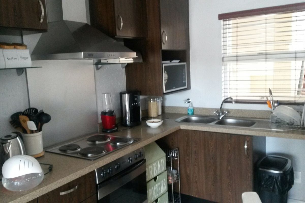 A functional kitchen featuring dark wood cabinetry, laminate countertops, a built-in oven with electric hob, and a stainless steel extractor fan.